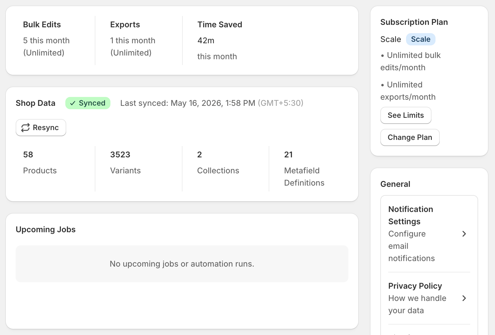 Bulk Product Editor home dashboard