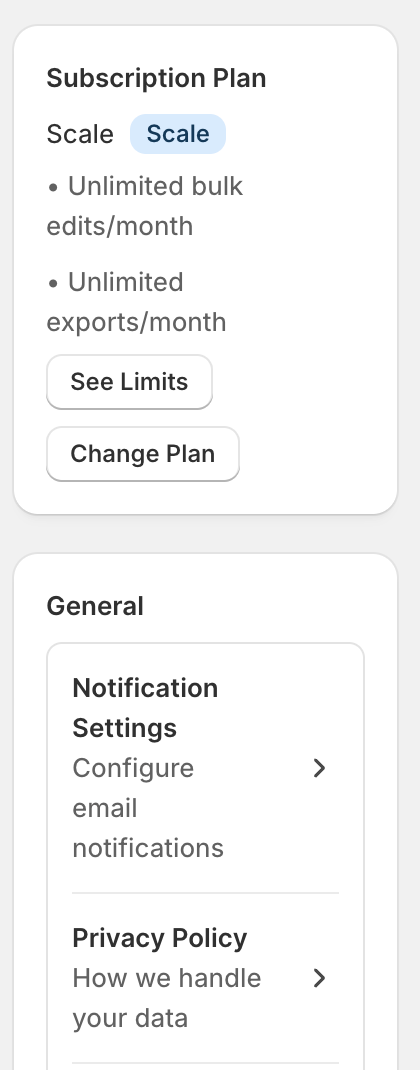 Sidebar with subscription plan card and general links