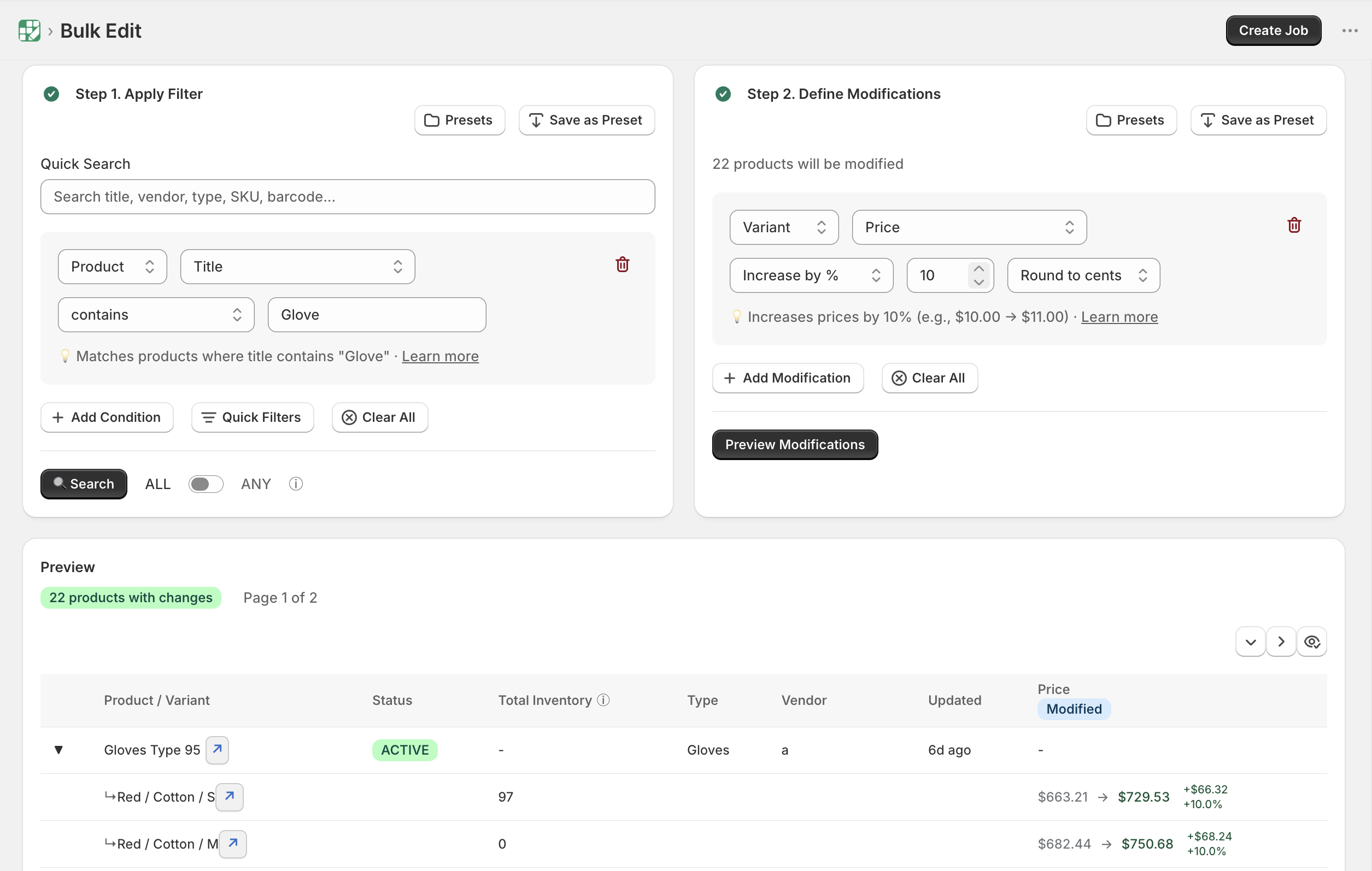 Bulk Edit workspace — Filters on the left, Modifications on the right, results table below