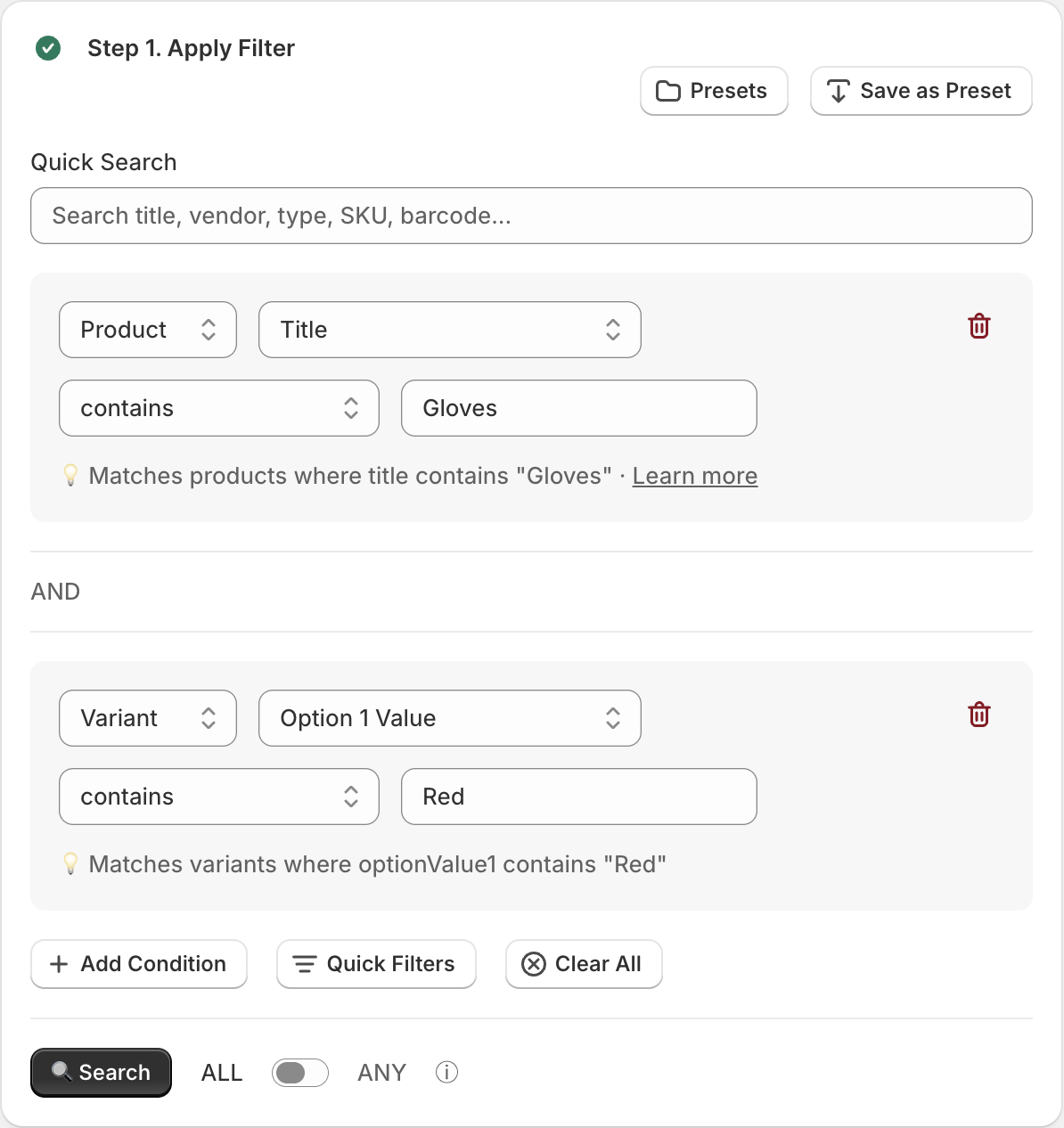 Filter Builder with three conditions and AND/OR toggle