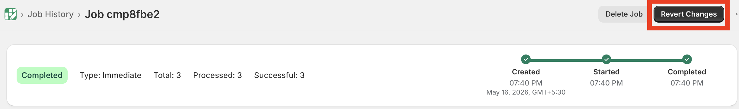 Job detail page with the Revert button highlighted