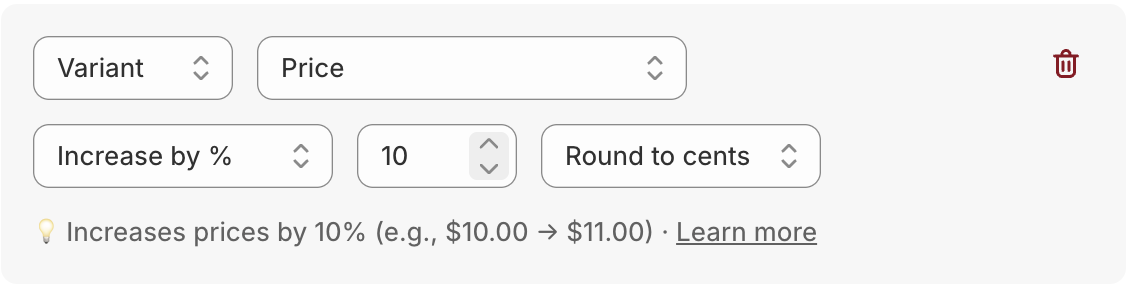 Price modification with Increase by % and rounding options