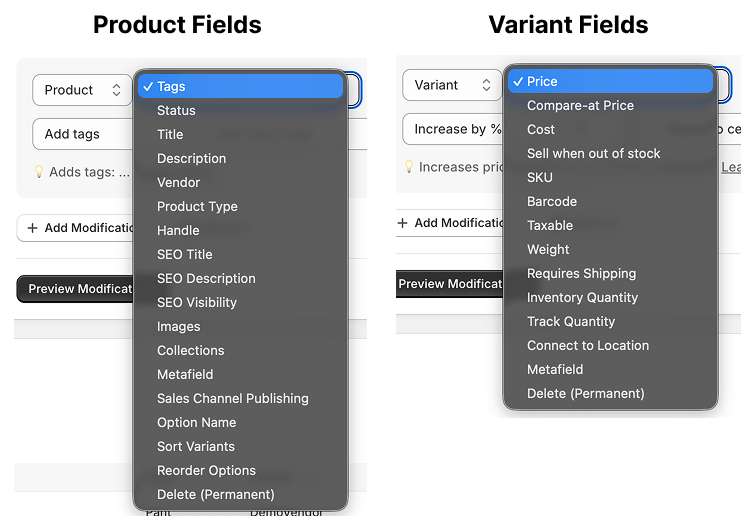 Field dropdown in the Modification builder, grouped by product and variant