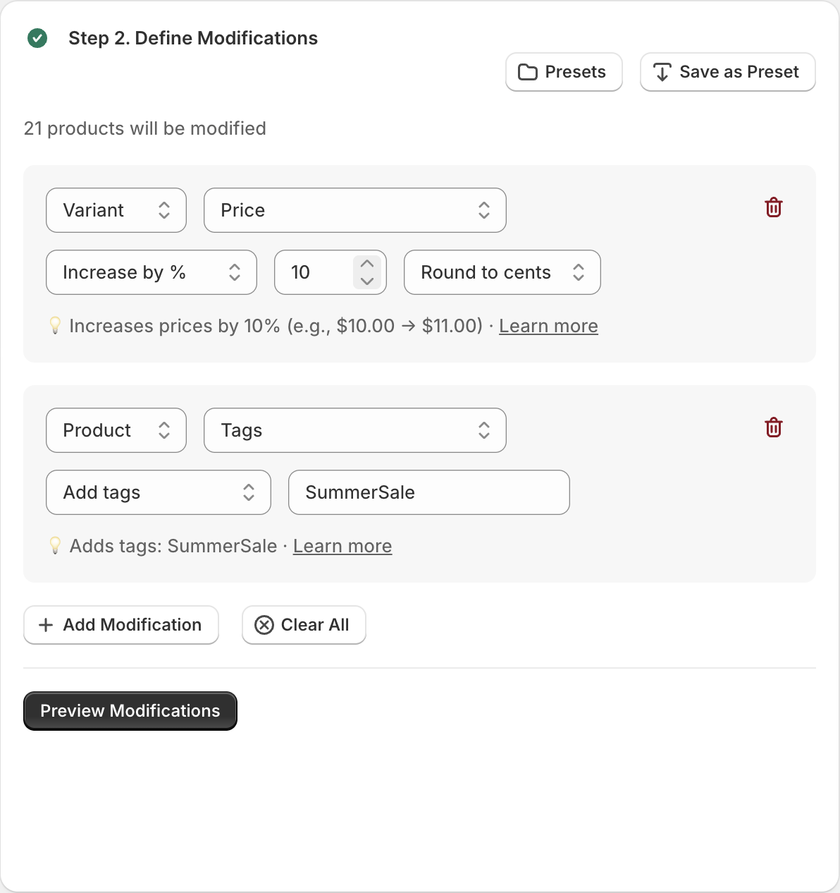 Modification builder with two stacked modifications