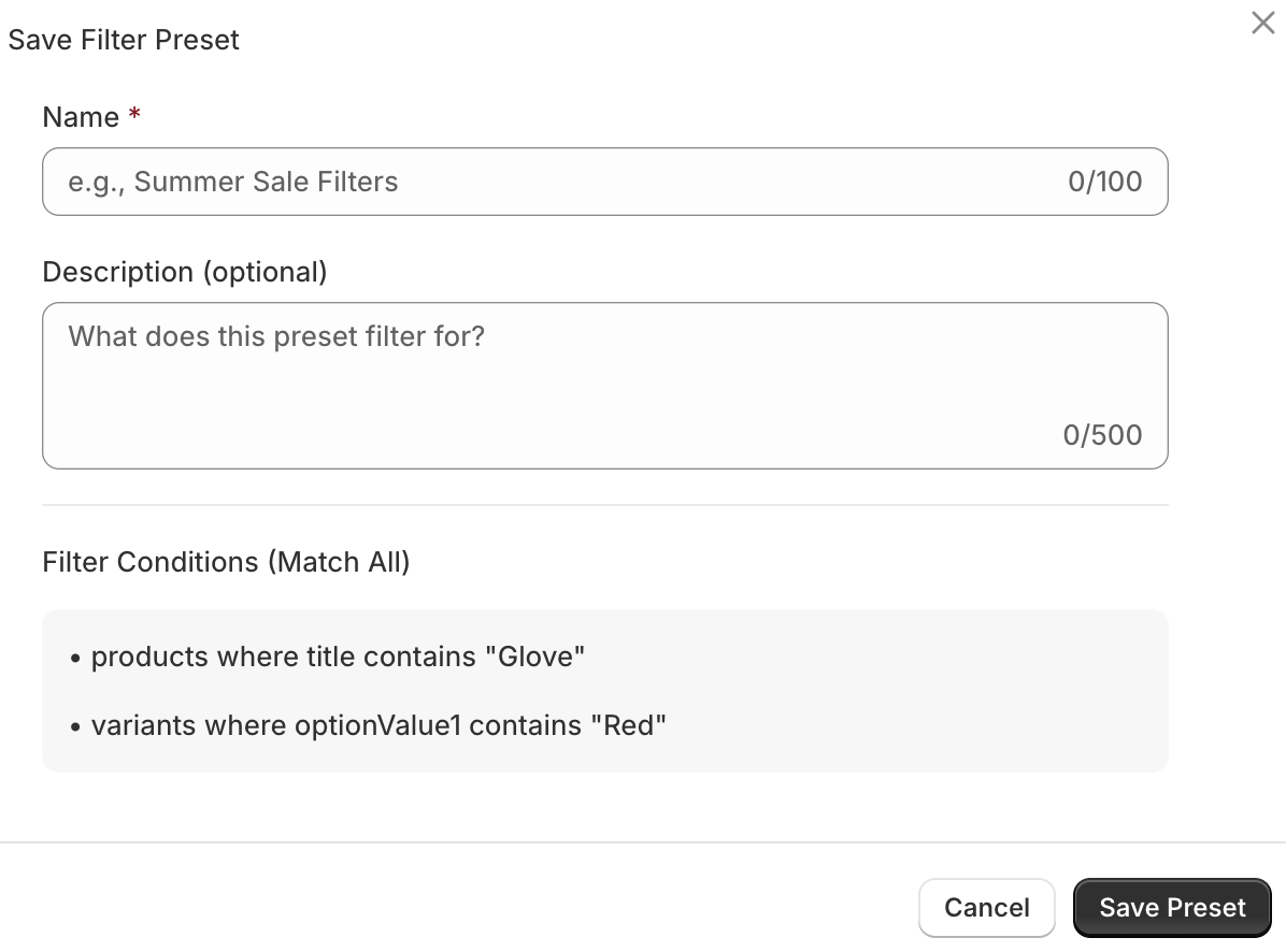 Save filter preset dialog