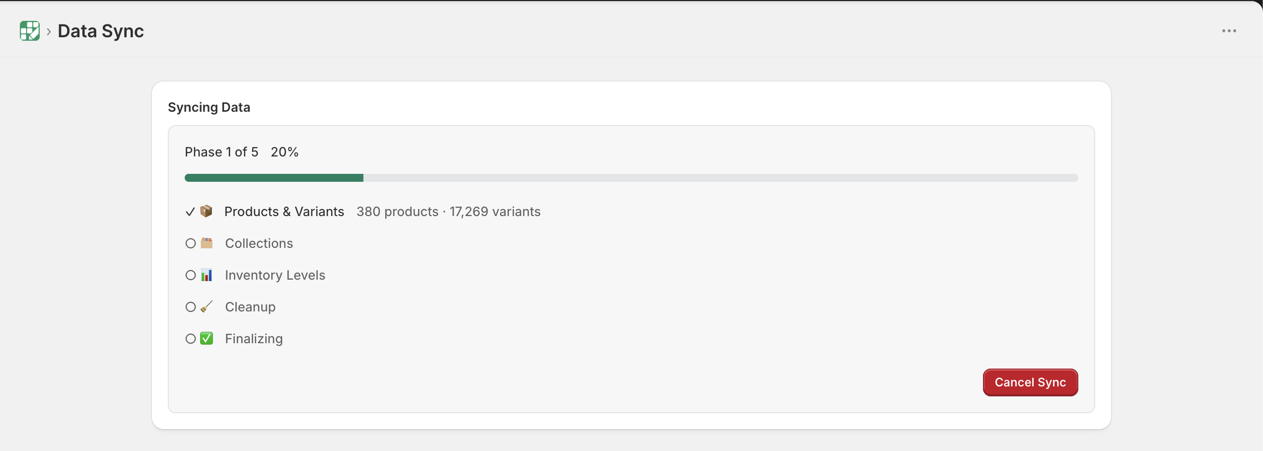 Data Sync screen in progress with phase list and progress bar